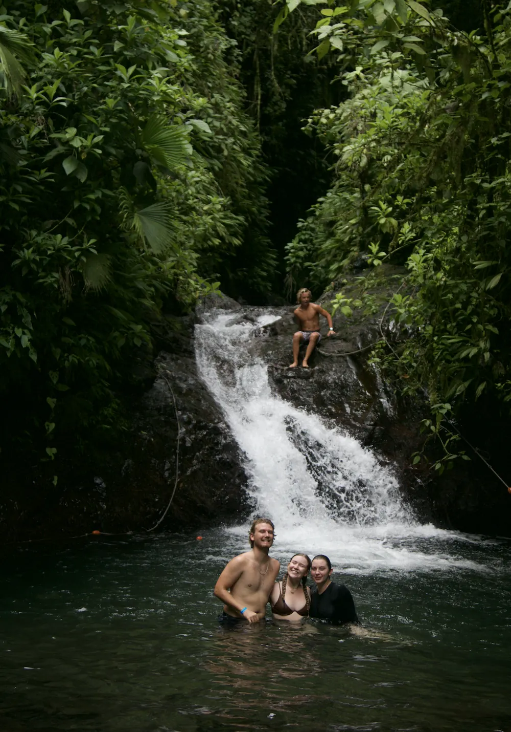 Guests swimming at the base of a jungle waterfall